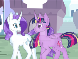 Size: 1024x780 | Tagged: safe, artist:uniquecolorchaos, derpibooru import, rarity, twilight sparkle, twilight sparkle (alicorn), alicorn, pony, unicorn, curved horn, rainbow power, story in the source, walking, watermark