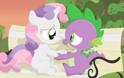 Size: 1123x711 | Tagged: safe, artist:porygon2z, derpibooru import, spike, sweetie belle, dragon, apple tree, bench, cute, diasweetes, female, male, shipping, spikabetes, spikebelle, straight, tree