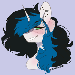 Size: 3284x3262 | Tagged: safe, artist:skylacuna, derpibooru import, oc, oc only, pony, blushing, ear piercing, female, gray background, grin, mare, piercing, simple background, smiling, solo
