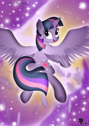 Size: 1600x2263 | Tagged: safe, artist:edonovaillustrator, derpibooru import, twilight sparkle, twilight sparkle (alicorn), alicorn, pony, feather, female, lineless, looking at you, looking back, looking back at you, mare, rear view, smiling, solo