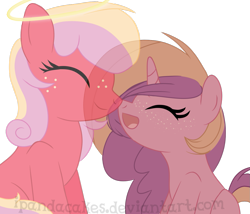 Size: 1313x1123 | Tagged: safe, artist:ipandacakes, derpibooru import, oc, oc only, oc:ambrosia, oc:gala blossom, earth pony, ghost, pony, unicorn, female, mare, nuzzling, offspring, parent:big macintosh, parent:cheerilee, parent:sugar belle, parents:cheerimac, parents:sugarmac, simple background, transparent background