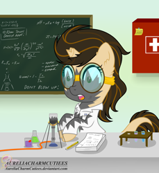 Size: 1736x1893 | Tagged: safe, artist:raspberrystudios, derpibooru import, oc, oc only, pony, unicorn, broken horn, chalkboard, chibi, clothes, commission, goggles, implied explosion, lab coat, laboratory, pencil, potion, potion making, potions, safety goggles, shocked, shocked expression, solo, test tube