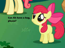 Size: 970x720 | Tagged: safe, derpibooru import, edit, edited screencap, screencap, apple bloom, big macintosh, earth pony, pony, friendship is magic, season 1, accent, adorabloom, bow, bronybait, collar, cropped, cute, grass, hug, puppy dog eyes, text, wide eyes