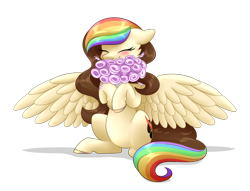 Size: 1024x782 | Tagged: safe, artist:whitehershey, derpibooru import, oc, oc only, oc:splatter paw, blushing, colored hooves, eyes closed, flower, rainbow hair, simple background, smiling, sniffing, solo, spread wings, transparent background, wings