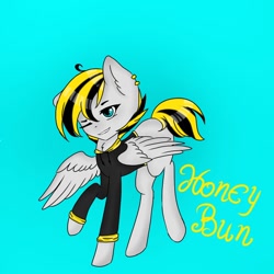 Size: 960x960 | Tagged: safe, derpibooru import, oc, oc only, oc:miyazaki, pegasus, pony, blue background, clothes, ear piercing, femboy, hoodie, male, one eye closed, piercing, simple background, solo, spread wings, wings