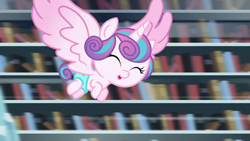 Size: 1280x720 | Tagged: safe, derpibooru import, screencap, princess flurry heart, alicorn, pony, the crystalling, baby, baby pony, eyes closed, female, flying, solo
