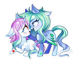 Size: 600x495 | Tagged: safe, artist:ipun, oc, oc only, oc:amaranthine sky, oc:reverie, pegasus, pony, unicorn, blushing, boop, female, heart eyes, lesbian, looking at each other, mare, noseboop, oc x oc, prone, shipping, simple background, transparent background, watermark, wingding eyes