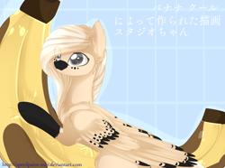 Size: 1024x762 | Tagged: safe, artist:little-sketches, oc, oc only, oc:hikari, pegasus, pony, banana, colored wings, colored wingtips, female, food, japanese, mare, solo