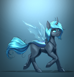 Size: 1752x1813 | Tagged: safe, artist:mykegreywolf, derpibooru import, oc, oc only, changeling, abstract background, blue changeling, changeling oc, curved horn, female, raffle prize, simple background, solo, transparent background, walking