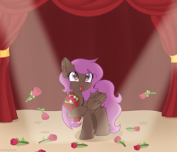 Size: 4000x3432 | Tagged: safe, artist:dreamyeevee, derpibooru import, oc, oc only, oc:cecilia, pegasus, pony, bouquet, female, flower, mare, rose, solo, stage