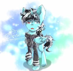 Size: 995x972 | Tagged: safe, artist:florathundermoonz, derpibooru import, oc, oc only, oc:ignis cress, alicorn, pony, alicorn oc, clothes, heterochromia, male, solo