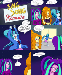 Size: 2000x2400 | Tagged: safe, artist:jake heritagu, derpibooru import, adagio dazzle, aria blaze, sonata dusk, comic:aria's archives, equestria girls, belly button, clothes, comic, cute, female, karaoke, midriff, sonatabetes, trio, trio female