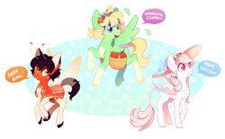 Size: 959x595 | Tagged: safe, artist:tsurime, oc, oc only, oc:fairy ring, oc:prim pavlova, oc:springtime scramble, pony, basket, flower, hat, simple background, transparent background, trio