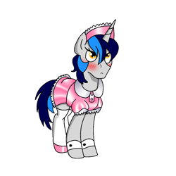 Size: 1000x1000 | Tagged: safe, artist:cappie, artist:oliver, derpibooru import, oc, oc only, oc:cappie, pony, collaboration, blushing, clothes, crossdressing, embarrassed, maid, male, satin, shiny, shoes, silk, simple background, sissy, solo, stallion, transparent background, uniform
