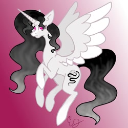Size: 1500x1500 | Tagged: safe, artist:lilac pone, derpibooru import, oc, oc:princess yin, oc:yin, alicorn, alicorn oc, alicorn princess, alicorn princess oc, bangs, beautiful, black mane, concerned, cutie mark, elegant, eyebrows, eyelashes, feather, female, flowy mane, flowy tail, flying, gray coat, horn, mare, married, pink eyes, pretty, princess, princess of harmony, royalty, white coat, white hooves, white nose, wife, wings, worried, yin yang