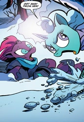 Size: 402x585 | Tagged: safe, artist:andypriceart, derpibooru import, idw, glitter drops, tempest shadow, pony, my little pony: the movie, spoiler:comic, spoiler:comic68, cropped, female, mare, official comic, snow, speech bubble