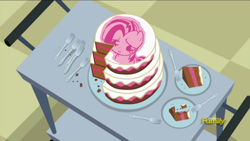 Size: 1382x777 | Tagged: safe, edit, edited screencap, screencap, babs seed, pony, a flurry of emotions, apology cake, cake, discovery family logo, exploitable meme, food, fork, meme, plate