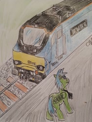 Size: 1126x1501 | Tagged: safe, artist:rapidsnap, derpibooru import, oc, oc only, oc:rapidsnap, photo, photography, solo, traditional art, train, trainspotting