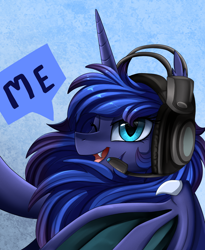 Size: 1446x1764 | Tagged: safe, artist:pridark, derpibooru import, oc, oc:midnight eclipse, bat pony, pony, bat pony oc, bust, commission, female, headset, me, one eye closed, open mouth, portrait, solo, wink