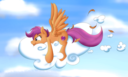 Size: 1024x614 | Tagged: safe, artist:theartistsora, derpibooru import, scootaloo, pegasus, pony, cloud, commission, female, filly, solo