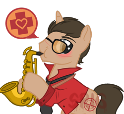 Size: 1024x941 | Tagged: safe, artist:superrosey16, derpibooru import, pony, unicorn, blushing, glasses, male, musical instrument, ponified, saxophone, simple background, sniper, solo, stallion, team fortress 2, transparent background