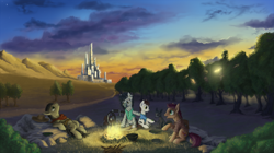 Size: 1920x1074 | Tagged: safe, artist:1jaz, derpibooru import, earth pony, pony, zebra, bandana, belt, campfire, city, clothes, colt, eddie dean, forest, frown, grass, hat, jake the dog, lidded eyes, looking up, male, open mouth, oy, ponified, raised hoof, roland deschain, scenery, shirt, sitting, smiling, stallion, sunset, susannah dean, the dark tower, tree, wheelchair