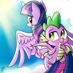 Size: 1575x1575 | Tagged: safe, artist:dsana, derpibooru import, spike, twilight sparkle, twilight sparkle (alicorn), alicorn, dragon, pony, cloud, duo, female, looking at each other, male, mare, signature, sky, smiling, spread wings, sun, winged spike, wings