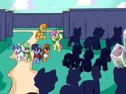 Size: 1280x960 | Tagged: safe, artist:zanezandell, derpibooru import, oc, oc only, oc:krabby, oc:polaris, oc:sugarbolt, oc:sundrop, oc:truffle mint, oc:vanilla snow, pony, comic:cmcnext, ascot, cape, clothes, cmcnext, colt, crystal, curtains, female, filly, flying, glasses, goggles, magical lesbian spawn, male, offspring, parent:bon bon, parent:fluttershy, parent:lyra heartstrings, parent:princess cadance, parent:shining armor, parents:lyrabon, parents:shiningcadance, princess, scarf, shadow, shirt, silhouette, story included