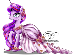 Size: 1200x873 | Tagged: safe, artist:tiffanymarsou, derpibooru import, oc, oc only, oc:timeless love, crystal pony, clothes, commission, dress, eyelashes, eyeshadow, female, flower, gala dress, jewelry, makeup, mare, simple background, smiling, solo, transparent background, watermark