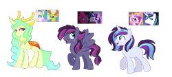 Size: 2203x988 | Tagged: safe, artist:vovanpetuh, derpibooru import, oc, oc only, oc:eos, oc:lionheart, oc:night knight, changepony, hybrid, pegasus, pony, unicorn, blank flank, female, interspecies offspring, magical lesbian spawn, male, offspring, parent:princess cadance, parent:princess celestia, parent:shining armor, parent:tempest shadow, parent:thorax, parent:twilight sparkle, parents:shiningcadance, parents:tempestlight, parents:thoralestia, scar, simple background, stallion, transparent background