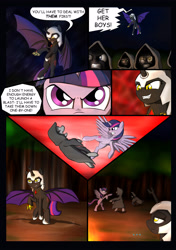 Size: 3024x4299 | Tagged: safe, artist:theravencriss, derpibooru import, twilight sparkle, twilight sparkle (alicorn), oc, oc:fallenlight, alicorn, comic:curse and madness, armor, bat wings, cloak, clothes, comic, crazy face, cultist, dark, faic, fangs, female, fight, forest, gauntlet, helmet, hooded cape, insanity, jewelry, kicking, mare, membranous wings, mlpcam, necklace, night, text bubbles, toothy grin, unamused