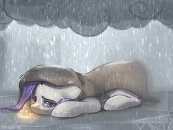 Size: 1024x771 | Tagged: safe, artist:pechenakusha, derpibooru import, oc, oc:morning glory (project horizons), pegasus, pony, fallout equestria, fallout equestria: project horizons, blanket, cloud, fanfic art, female, flower, frown, looking at you, mare, prone, rain, sad, shelter, wet, wet mane