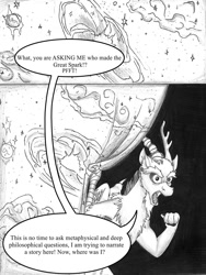 Size: 1024x1365 | Tagged: safe, artist:tillie-tmb, discord, comic:the amulet of shades, comic, monochrome, solo, universe