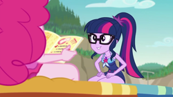 Size: 1280x720 | Tagged: safe, derpibooru import, screencap, pinkie pie, sci-twi, twilight sparkle, better together, equestria girls, friendship math, beach, beach chair, clothes, coach, magazine, schrödinger's pantsu, swimsuit