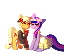 Size: 1280x1067 | Tagged: safe, artist:lupeylycan, derpibooru import, applejack, twilight sparkle, earth pony, pony, clothes, cute, dress, female, floral head wreath, flower, lesbian, shipping, tuxedo, twijack, wedding dress