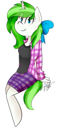 Size: 2011x4468 | Tagged: safe, artist:befishproductions, derpibooru import, oc, oc only, oc:minty root, anthro, unicorn, anatomically incorrect, bow, eye clipping through hair, hair bow, incorrect leg anatomy, plaid, plaid shirt, plaid skirt, simple background, solo, transparent background