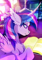 Size: 1358x1920 | Tagged: safe, artist:rariedash, derpibooru import, twilight sparkle, twilight sparkle (alicorn), alicorn, pony, book, ear fluff, female, library, mare, reading