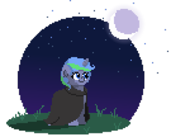 Size: 999x799 | Tagged: safe, artist:air muffins, derpibooru import, oc, oc only, oc:star gazer, pony, cloak, clothes, female, mare, moon, night, pixel art, simple background, solo, stars, transparent background