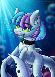 Size: 1071x1500 | Tagged: safe, artist:midnightsix3, derpibooru import, oc, oc only, monster pony, original species, shark pony, bubble, ear piercing, earring, jewelry, monster mare, piercing, sharp teeth, solo, tail piercing, teeth, underwater