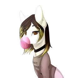 Size: 1024x1024 | Tagged: safe, artist:xxmissteaxx, oc, oc only, oc:therese, earth pony, pony, art trade, bubblegum, clothes, colored pupils, female, food, gum, looking at you, mare, shirt, simple background, solo, transparent background