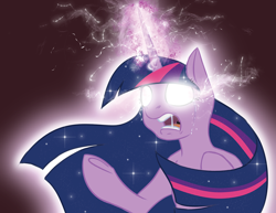 Size: 1294x1000 | Tagged: safe, artist:scherzo, twilight sparkle, twilight sparkle (alicorn), alicorn, pony, glowing eyes, glowing horn, magic overload, solo, starry mane