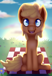 Size: 2596x3750 | Tagged: safe, artist:xavier, derpibooru import, oc, pony, cute, gooey, open mouth, sitting, solo, sunny day