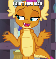 Size: 600x627 | Tagged: safe, derpibooru import, edit, edited screencap, screencap, smolder, dragon, molt down, claws, cropped, dragon wings, dragoness, fangs, female, image macro, meme, open mouth, solo, text, wings