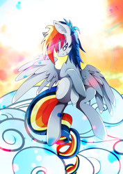 Size: 1358x1920 | Tagged: safe, artist:rariedash, derpibooru import, oc, oc only, oc:rariedash, pegasus, pony, abstract background, cloud, female, mare, sitting, smiling, solo