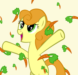 Size: 7556x7246 | Tagged: safe, artist:ironm17, carrot top, golden harvest, earth pony, pony, absurd resolution, apple rain, bipedal, carrot, female, food, happy, mare, solo, that pony sure does love carrots, wingding eyes