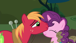 Size: 1280x720 | Tagged: safe, derpibooru import, screencap, big macintosh, sugar belle, earth pony, pony, unicorn, the break up breakdown, big macintosh's yoke, cute, daaaaaaaaaaaw, eyes closed, female, hill, kissing, macabetes, male, mare, mud, muddy, shipping, smiling, stallion, straight, sugarbetes, sugarmac, tree