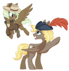 Size: 1000x1030 | Tagged: safe, artist:dbkit, derpibooru import, oc, oc only, pegasus, pony, clothes, commission, duo, feather, female, hat, jacket, male, mare, simple background, stallion, transparent background