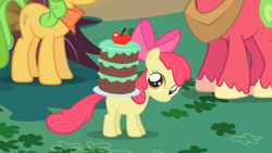 Size: 1280x720 | Tagged: safe, derpibooru import, screencap, apple bloom, big macintosh, earth pony, pony, friendship is magic, apple, bandana, cake, female, filly, food, solo focus