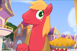 Size: 808x540 | Tagged: safe, derpibooru import, screencap, big macintosh, earth pony, pony, my little pony: the movie, cropped, food, looking at you, male, pie, smiling, stallion