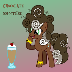 Size: 1080x1080 | Tagged: safe, artist:tacobender, derpibooru import, oc, oc only, pony, braclets, brown coat, chocolate, commission, commission info, curls, curly hair, cutie mark, female, food, mare, simple background, smoothie, solo, vector